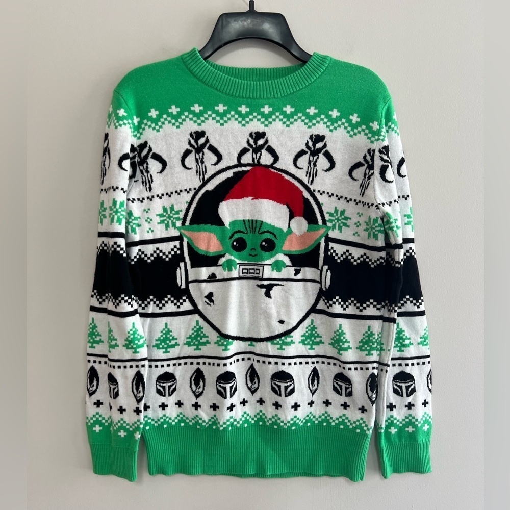 Star Wars Madalorian Baby Yoda “Merry Force Be With You” Sweater, Green/White, S